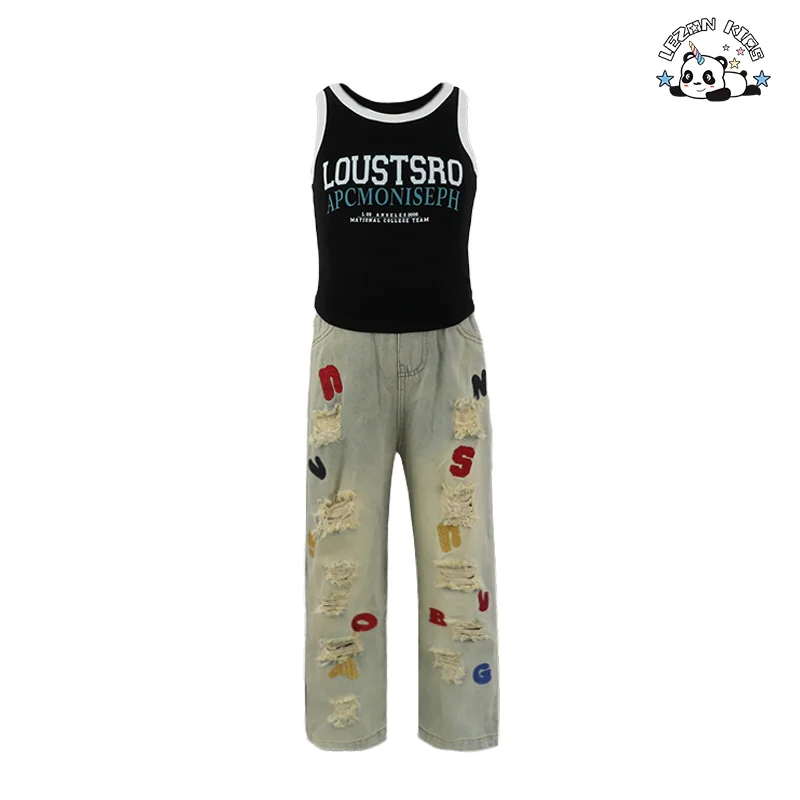 LEZONKIDS - Customizable New Summer Children Girls Tank Top Embroidery Jean Set Hip Hop Girls Clothing Sets